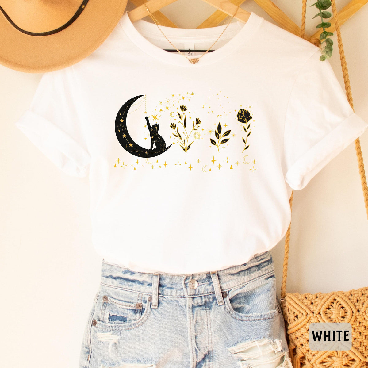 Celestial Cat Shirt Floral Moon Themed Shirt Cat On The Moon Shirt Mystical Shirt Spiritual Moon Shirt