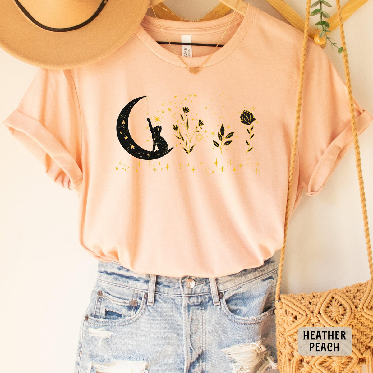 Celestial Cat Shirt Floral Moon Themed Shirt Cat On The Moon Shirt Mystical Shirt Spiritual Moon Shirt