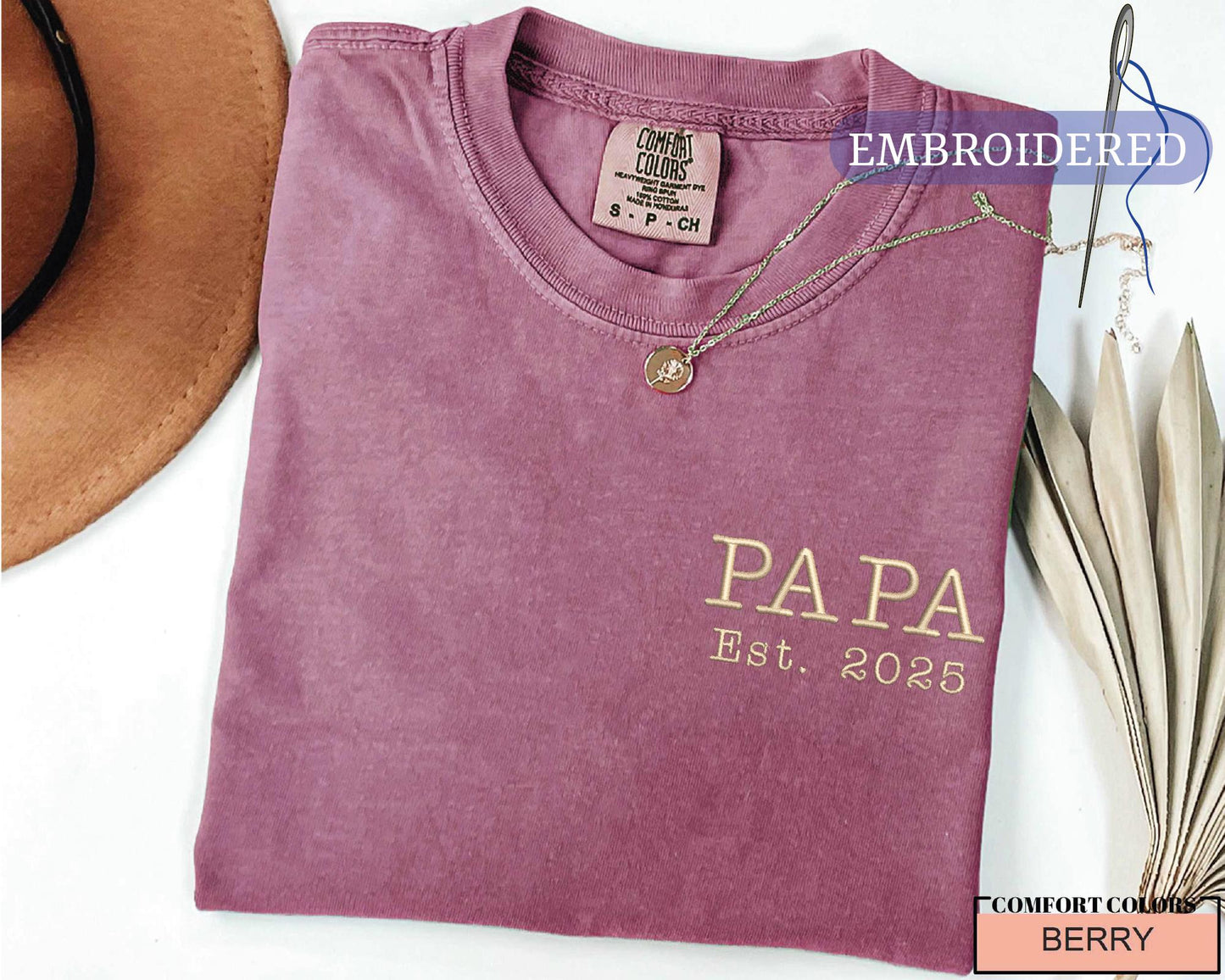 Custom Embroidered Papa Est Year Shirt - New Grandfather Announcement Pocket Design Outfit