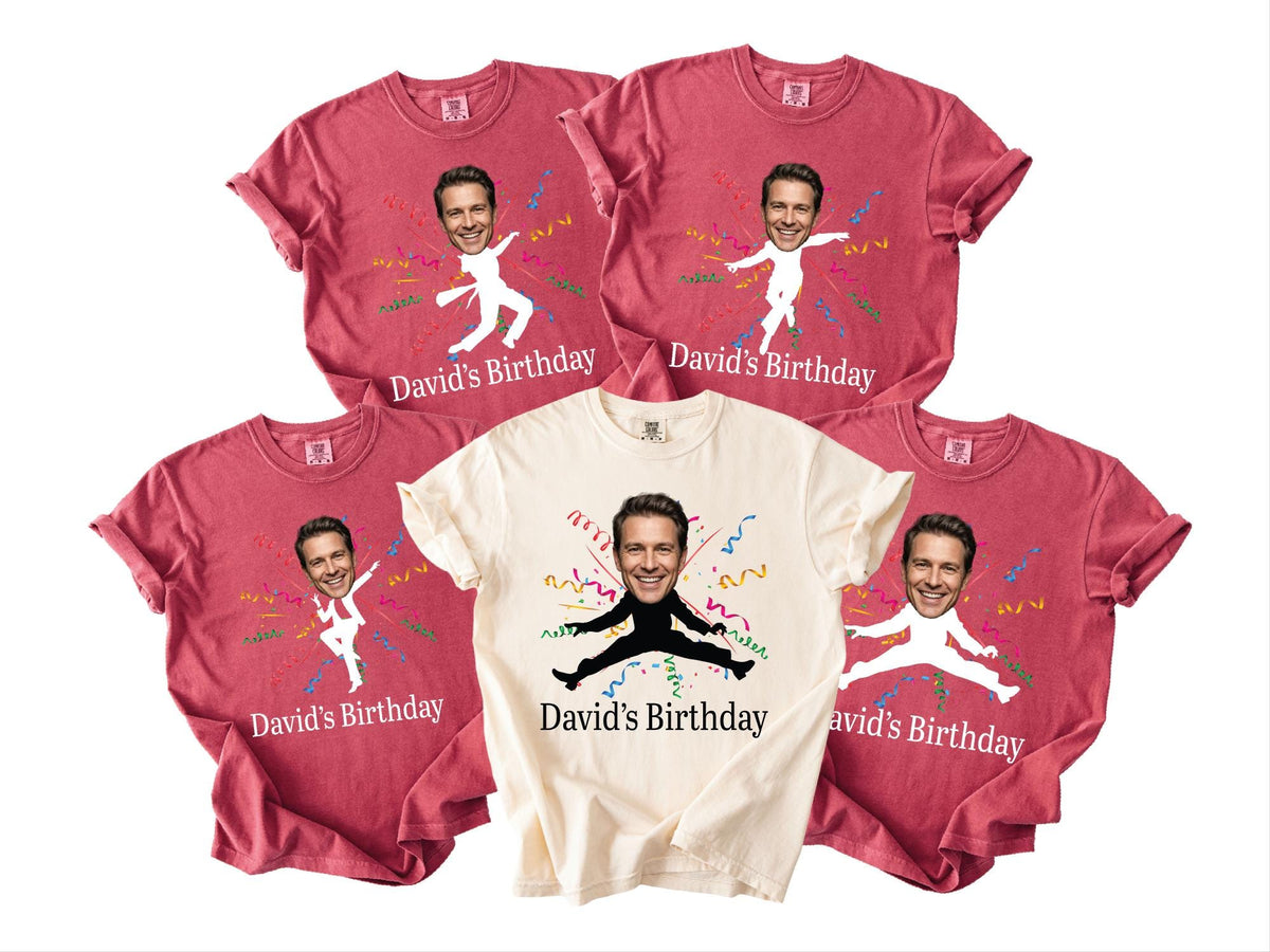 Custom Dancing Photo Birthday Shirt, Personalized Man Birthday Crew Tee with Portrait, Matching Father Silhouette Celebration Outfit
