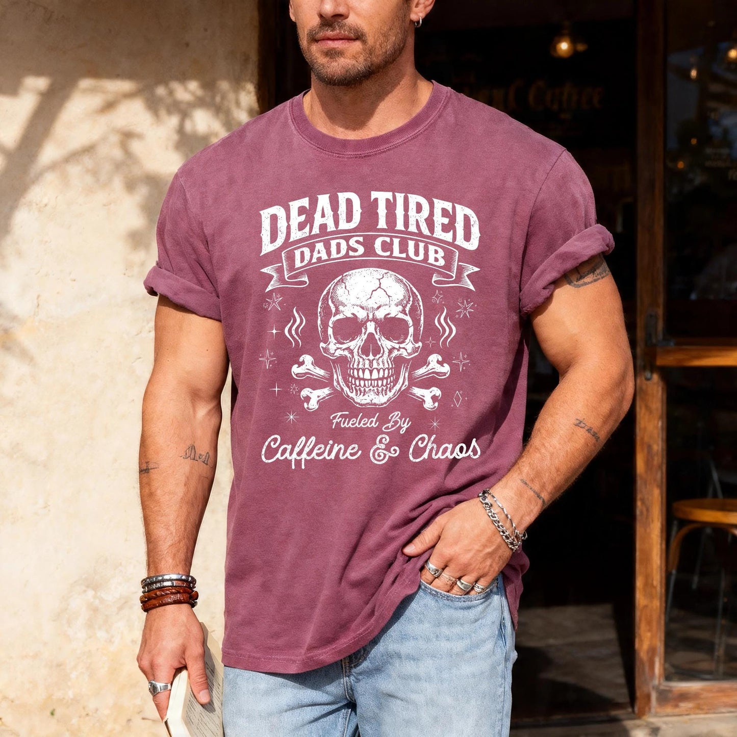 Retro Skull Father's Day Shirt, Dead Tired Dads Club Fueled By Caffeine and Chaos