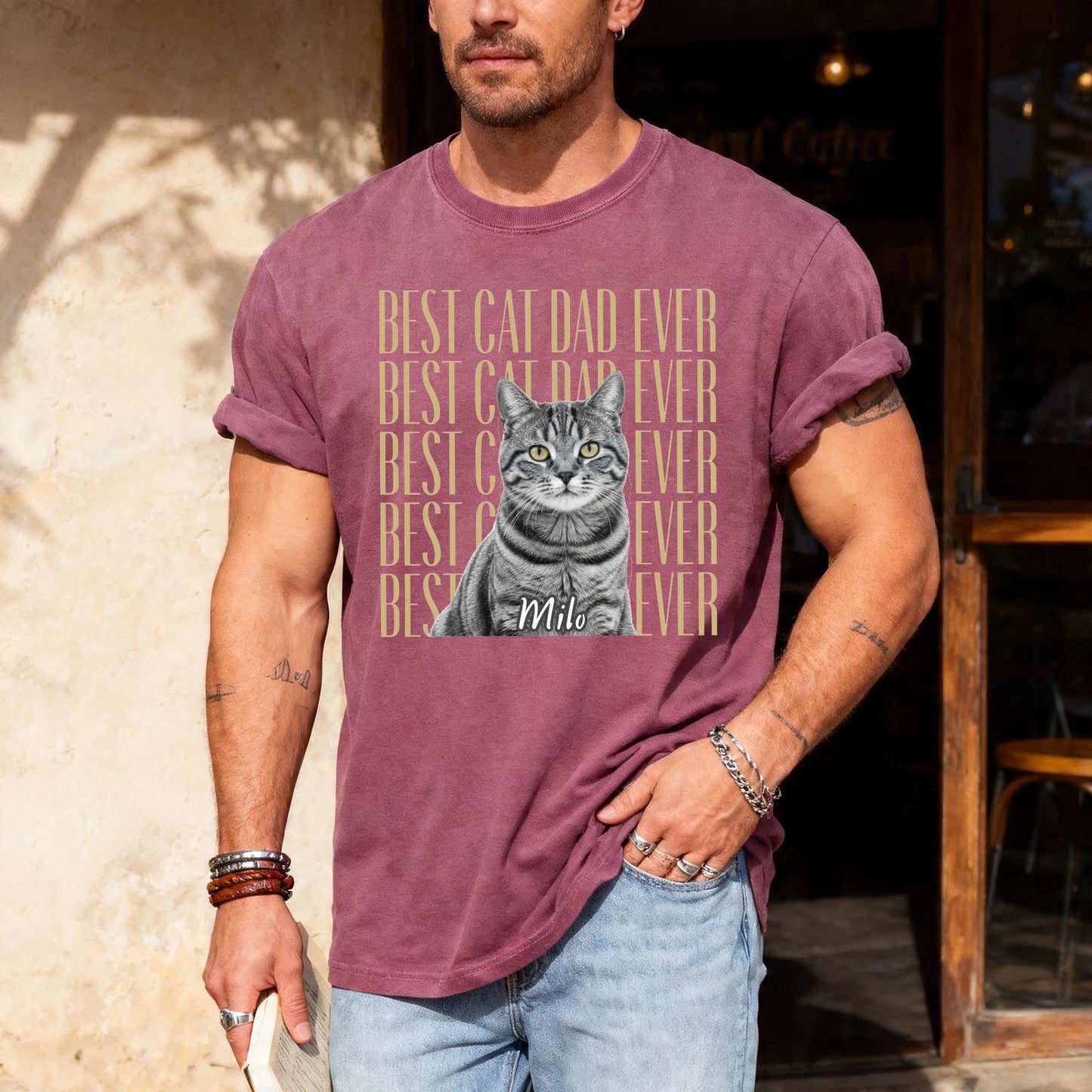 Vintage Photo Cat Dad Shirt, Custom Pet Picture Tee, Unique Present for Fathers Day