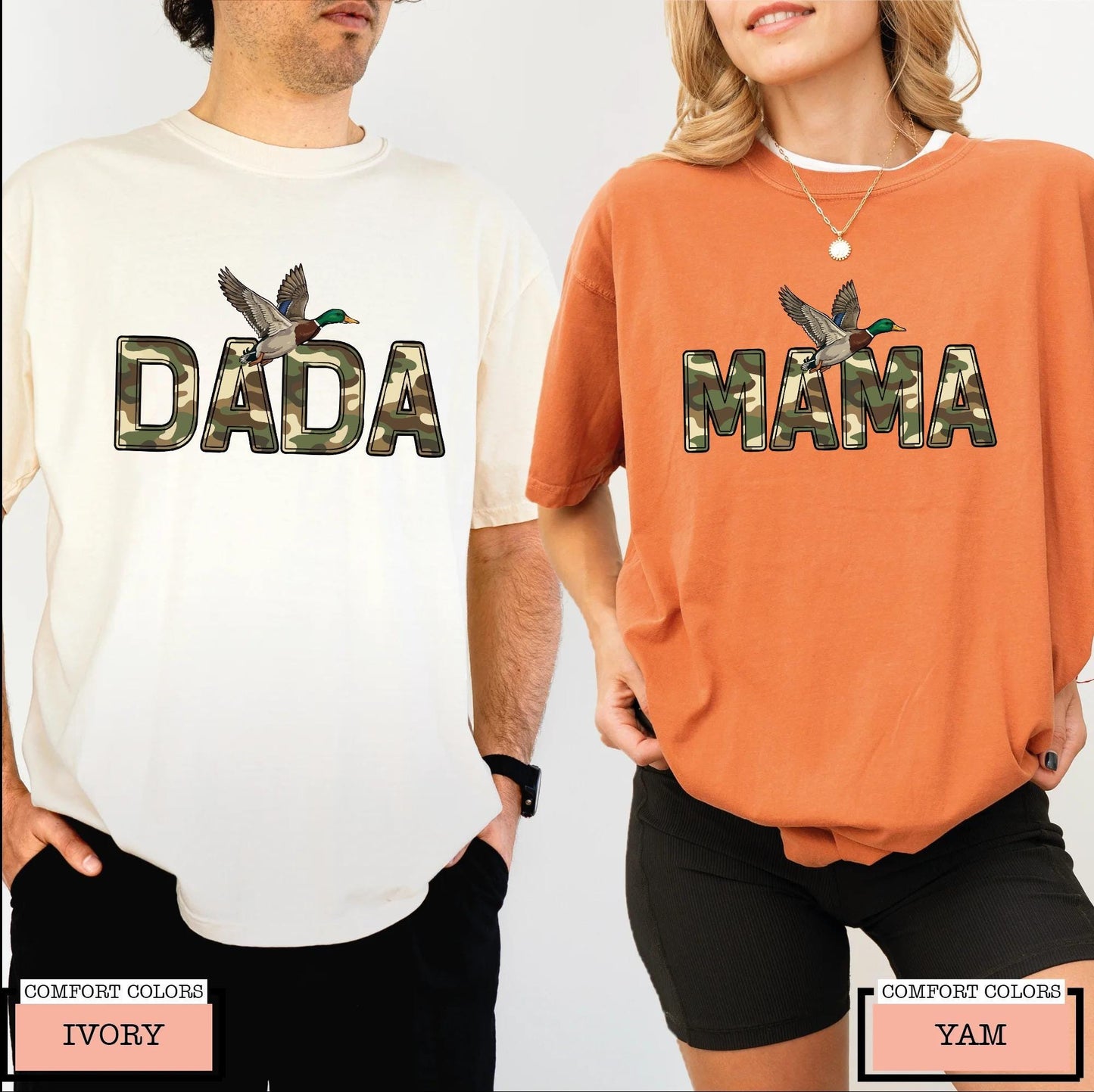 Camo Duck Hunting Mama and Dada Shirt, Matching Couples Camouflage Mallard Duck Tee for Hunting Mom and Dad