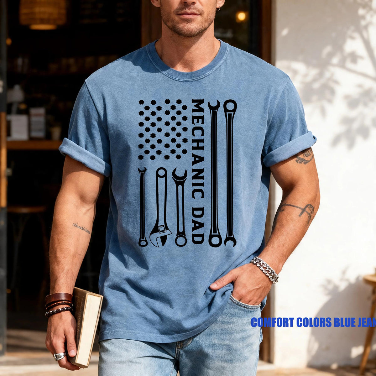 Mechanic Dad American Flag Wrench Tools Gift for Father’s Day, Car Repair Shirt for Dad, Garage Lover Auto Mechanic T-Shirt, Dad's Birthday