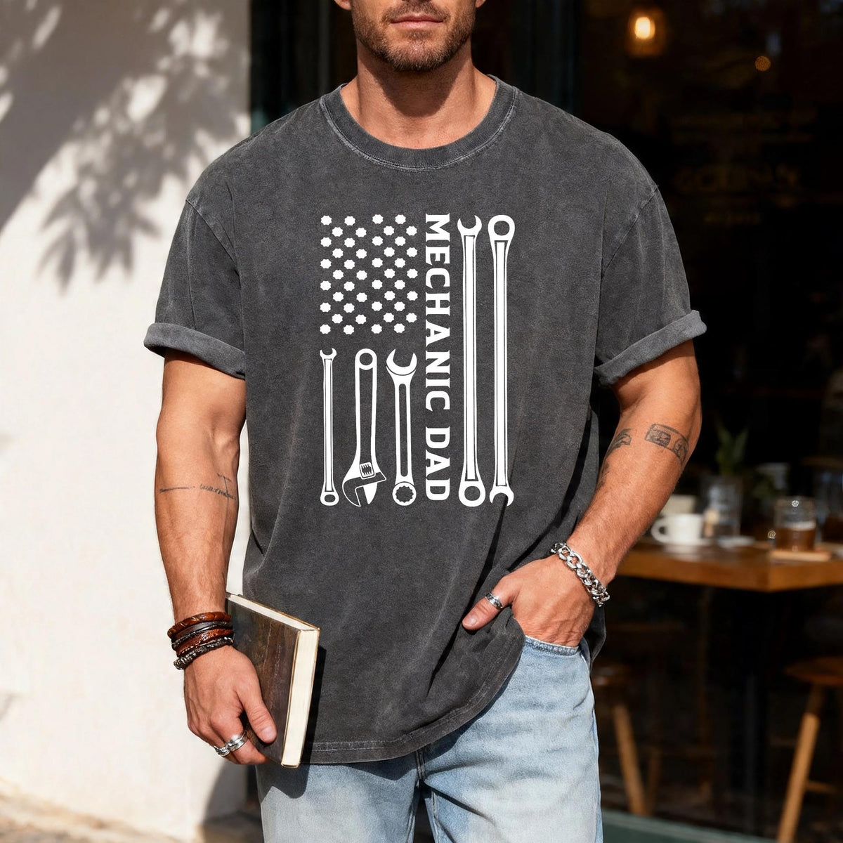 Mechanic Dad American Flag Wrench Tools Gift for Father’s Day, Car Repair Shirt for Dad, Garage Lover Auto Mechanic T-Shirt, Dad's Birthday