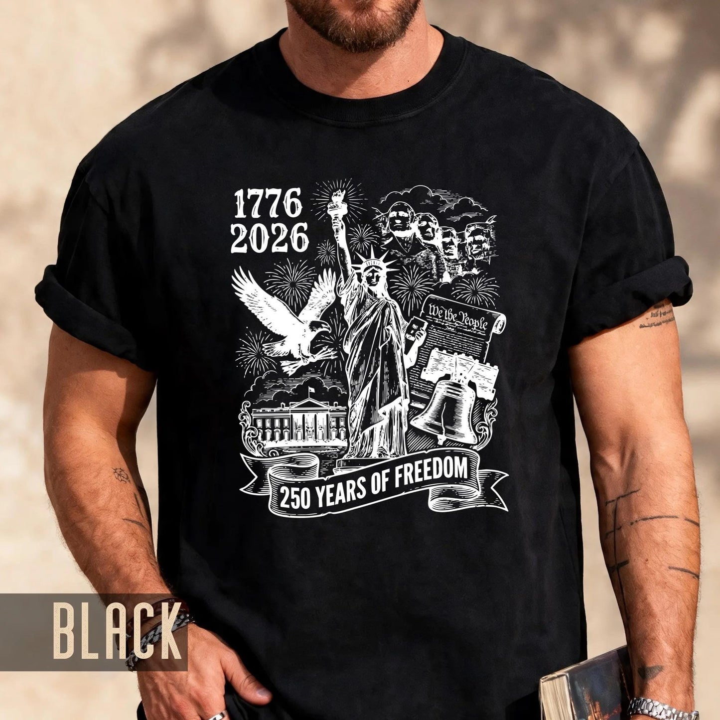 250 Years of Freedom American Landmarks Shirt, Retro 1776 2026 Mount Rushmore Liberty Bell Tee