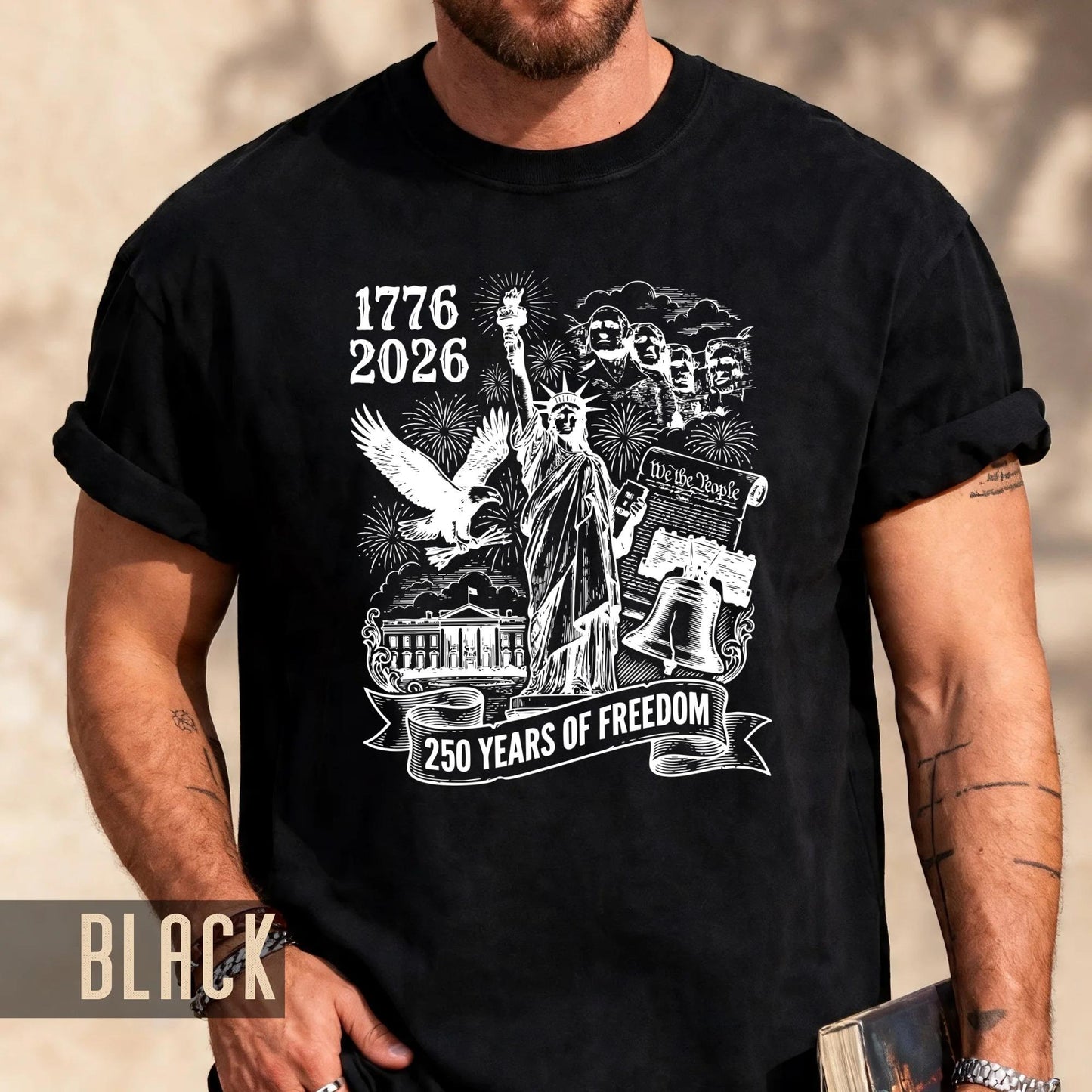 250 Years of Freedom American Landmarks Shirt, Retro 1776 2026 Mount Rushmore Liberty Bell Tee