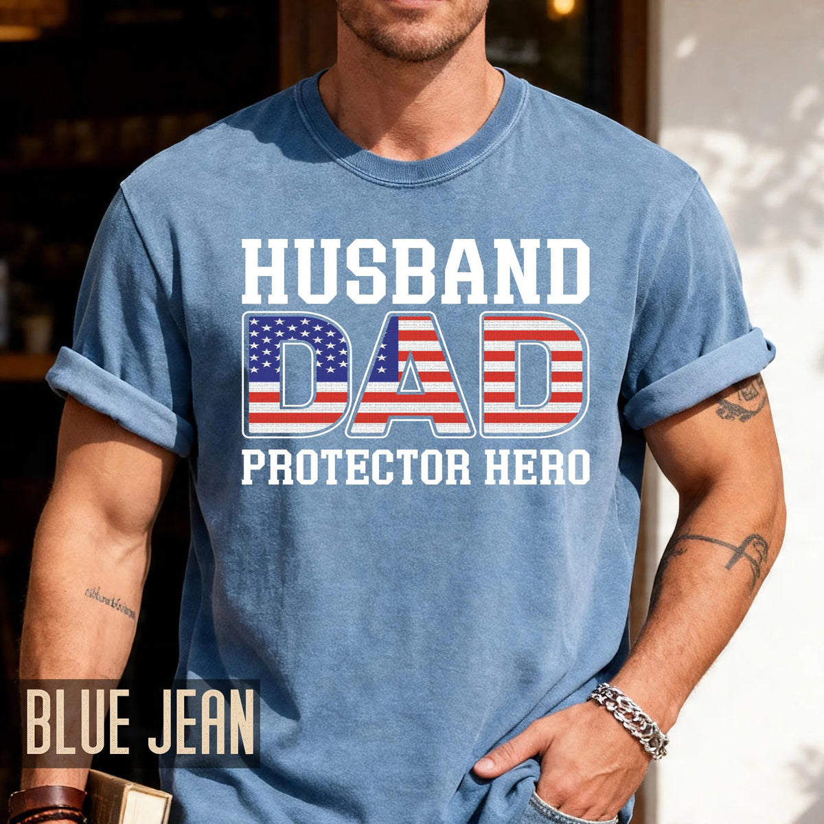 Husband Dad Protector Hero Shirt, American Flag Dad Shirt, Patriotic Father’s Day Gift, USA Pride Military Veteran Dad, Gift for Husband