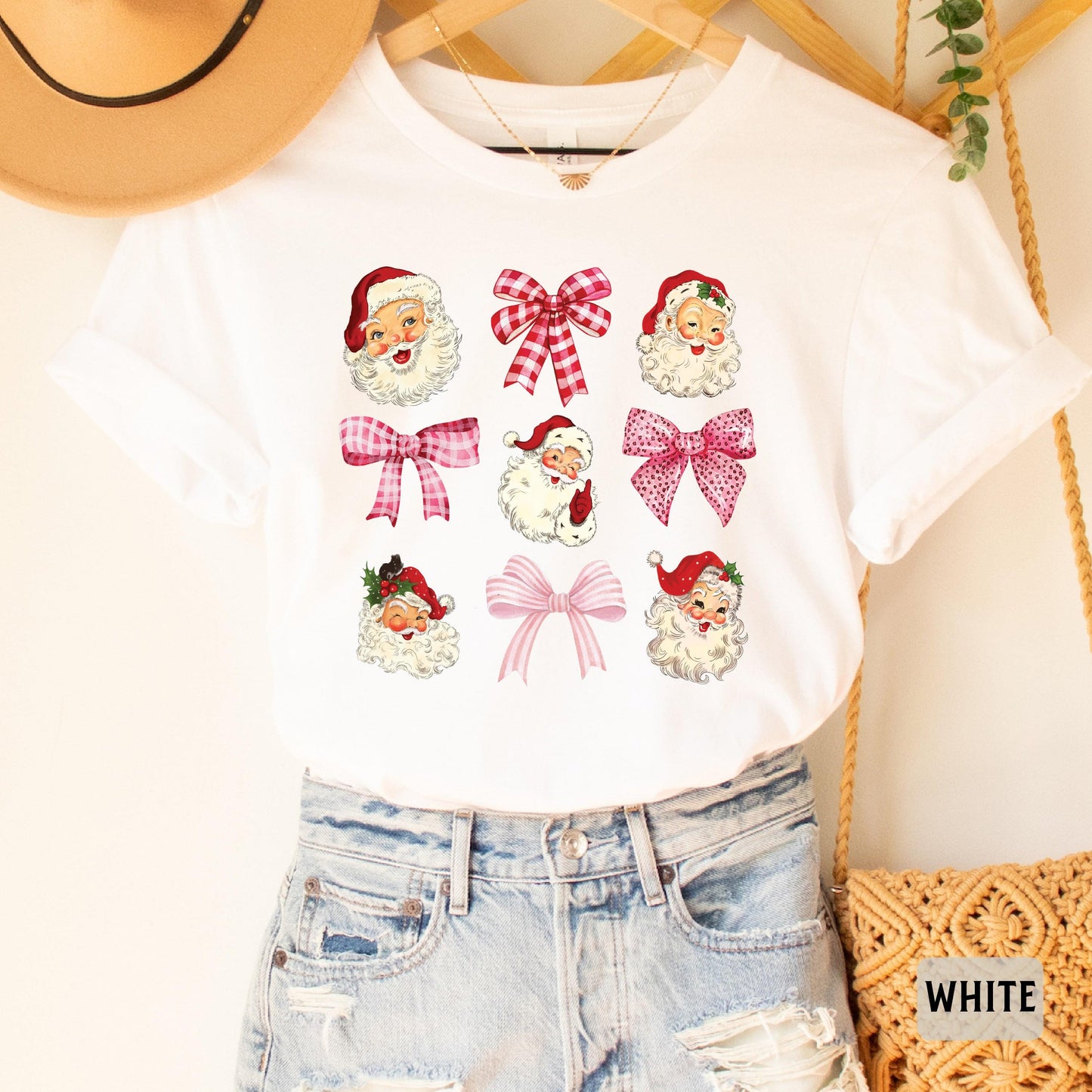 Santa And Bows Xmas Shirt Vintage Santa Shirt Pink Bow Shirt Retro Christmas Shirt Womens Christmas Shirt