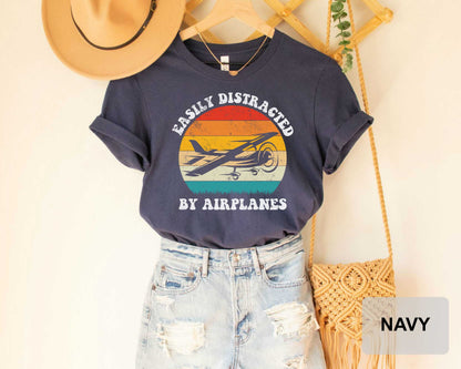 Gift for Airplane Lover Easily Distracted by Airplanes Shirt Retro Vintage Plane Shirt Pilot Birthday Gift