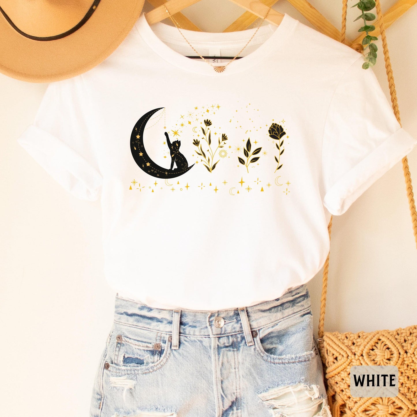 Celestial Cat Shirt Floral Moon Themed Shirt Cat On The Moon Shirt Mystical Shirt Spiritual Moon Shirt