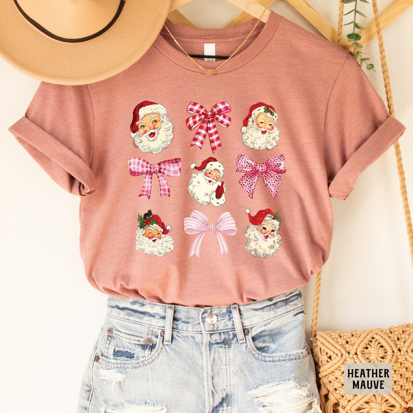 Santa And Bows Xmas Shirt Vintage Santa Shirt Pink Bow Shirt Retro Christmas Shirt Womens Christmas Shirt