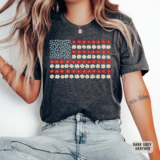 USA Flag Flower Shirt Daisy American Flag Shirt 4th of July Shirt Floral Flag Shirt Independence Day Shirt