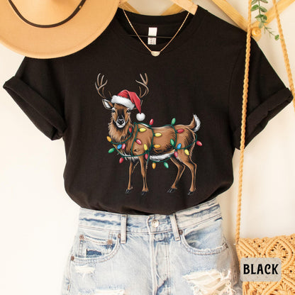 Reindeer Christmas Shirt Merry Xmas Shirt Santa Hat Deer Shirt Christmas Party Gift Vintage Christmas Shirt