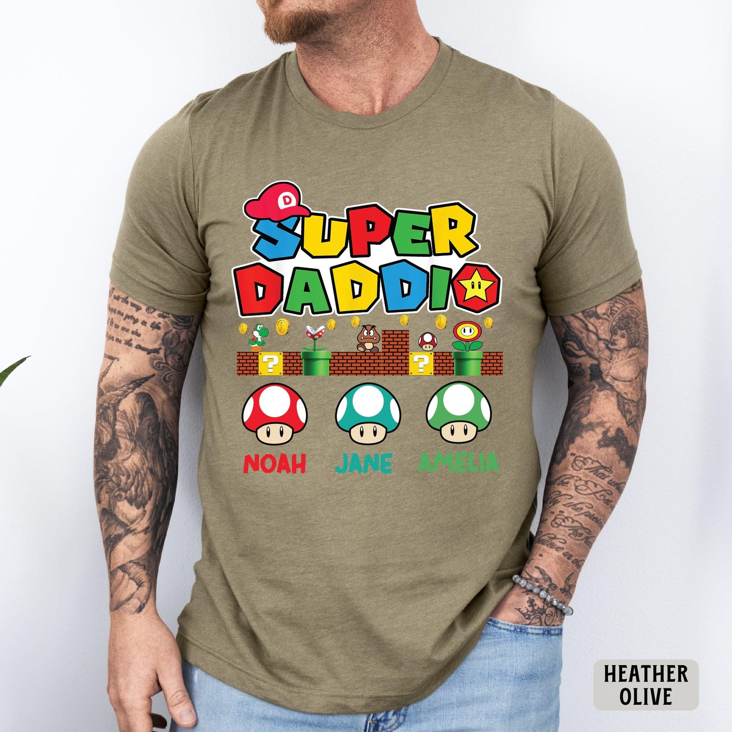 Personalized Super Daddio Shirt with Kids Names Gift For Daddy Matching Family Shirt Gaming Dad Shirt