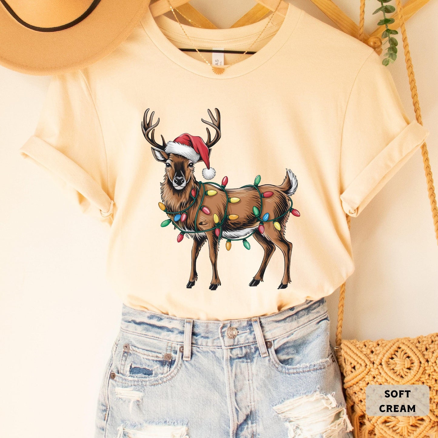 Reindeer Christmas Shirt Merry Xmas Shirt Santa Hat Deer Shirt Christmas Party Gift Vintage Christmas Shirt