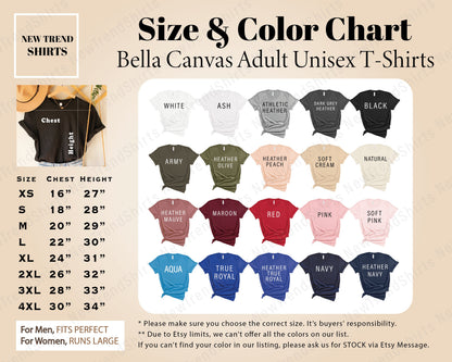 The image is a size and color chart for adult unisex t-shirts, displaying various color options and corresponding sizes for different styles.