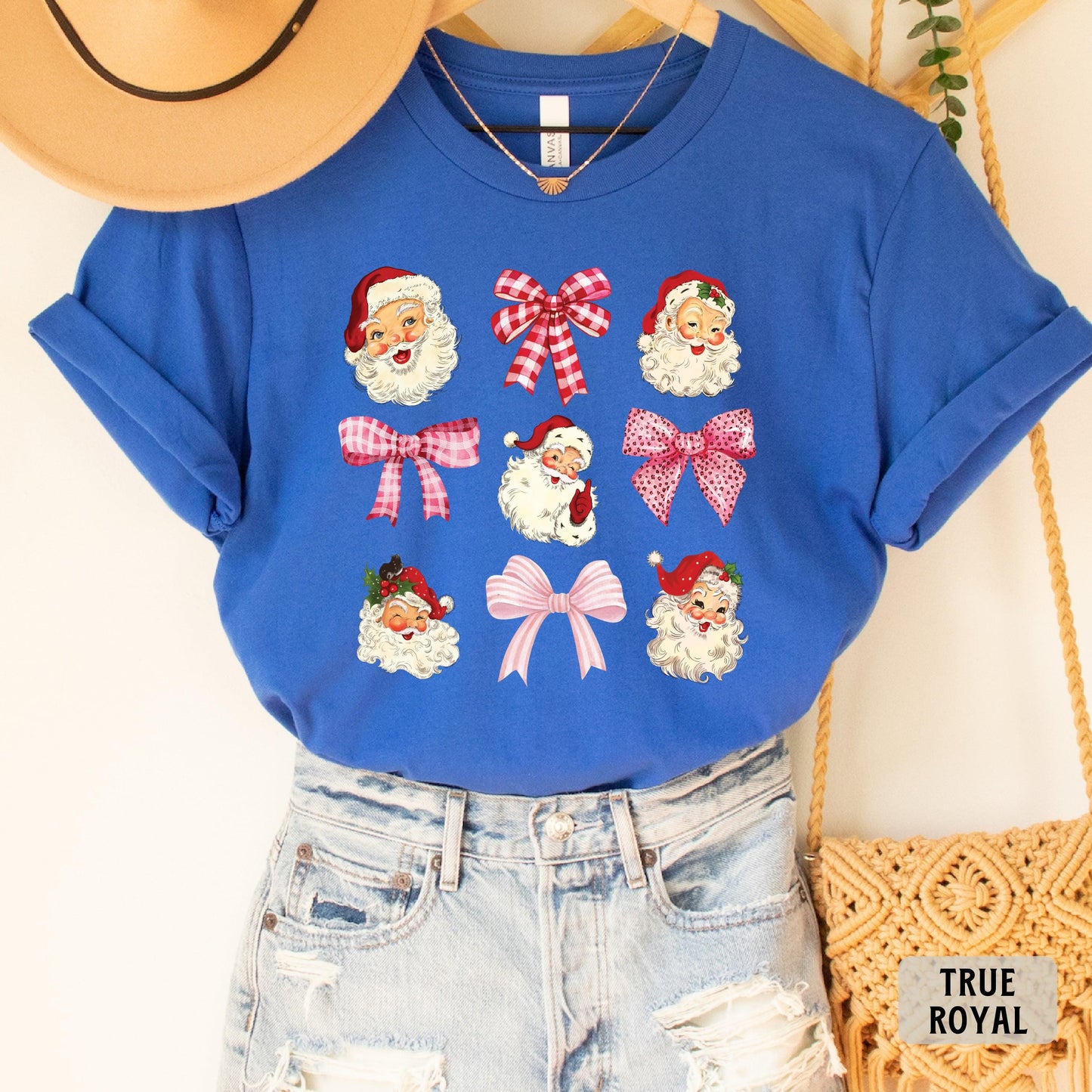 Santa And Bows Xmas Shirt Vintage Santa Shirt Pink Bow Shirt Retro Christmas Shirt Womens Christmas Shirt