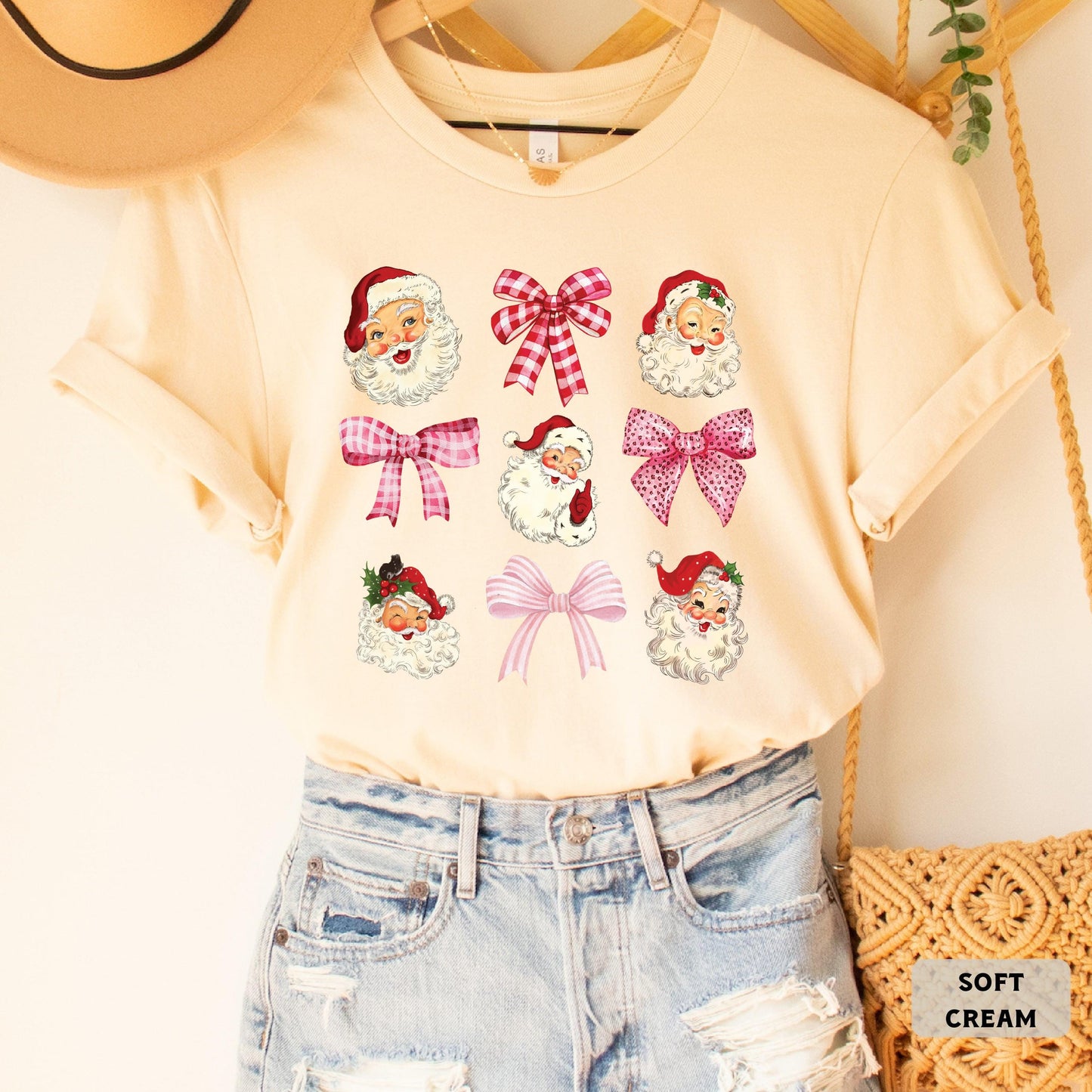 Santa And Bows Xmas Shirt Vintage Santa Shirt Pink Bow Shirt Retro Christmas Shirt Womens Christmas Shirt
