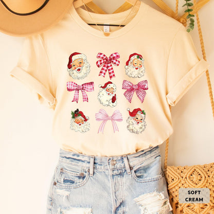 Santa And Bows Xmas Shirt Vintage Santa Shirt Pink Bow Shirt Retro Christmas Shirt Womens Christmas Shirt
