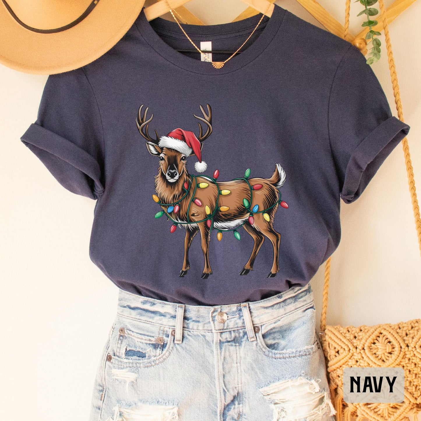 Reindeer Christmas Shirt Merry Xmas Shirt Santa Hat Deer Shirt Christmas Party Gift Vintage Christmas Shirt