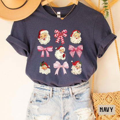 Santa And Bows Xmas Shirt Vintage Santa Shirt Pink Bow Shirt Retro Christmas Shirt Womens Christmas Shirt
