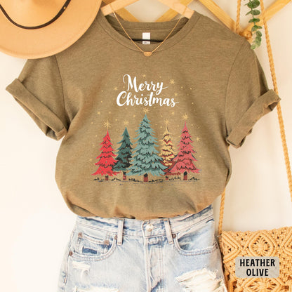 Merry Christmas Trees Shirt Holiday Shirt Christmas Family Shirt Womens Christmas Party Shirt Winter Shirt