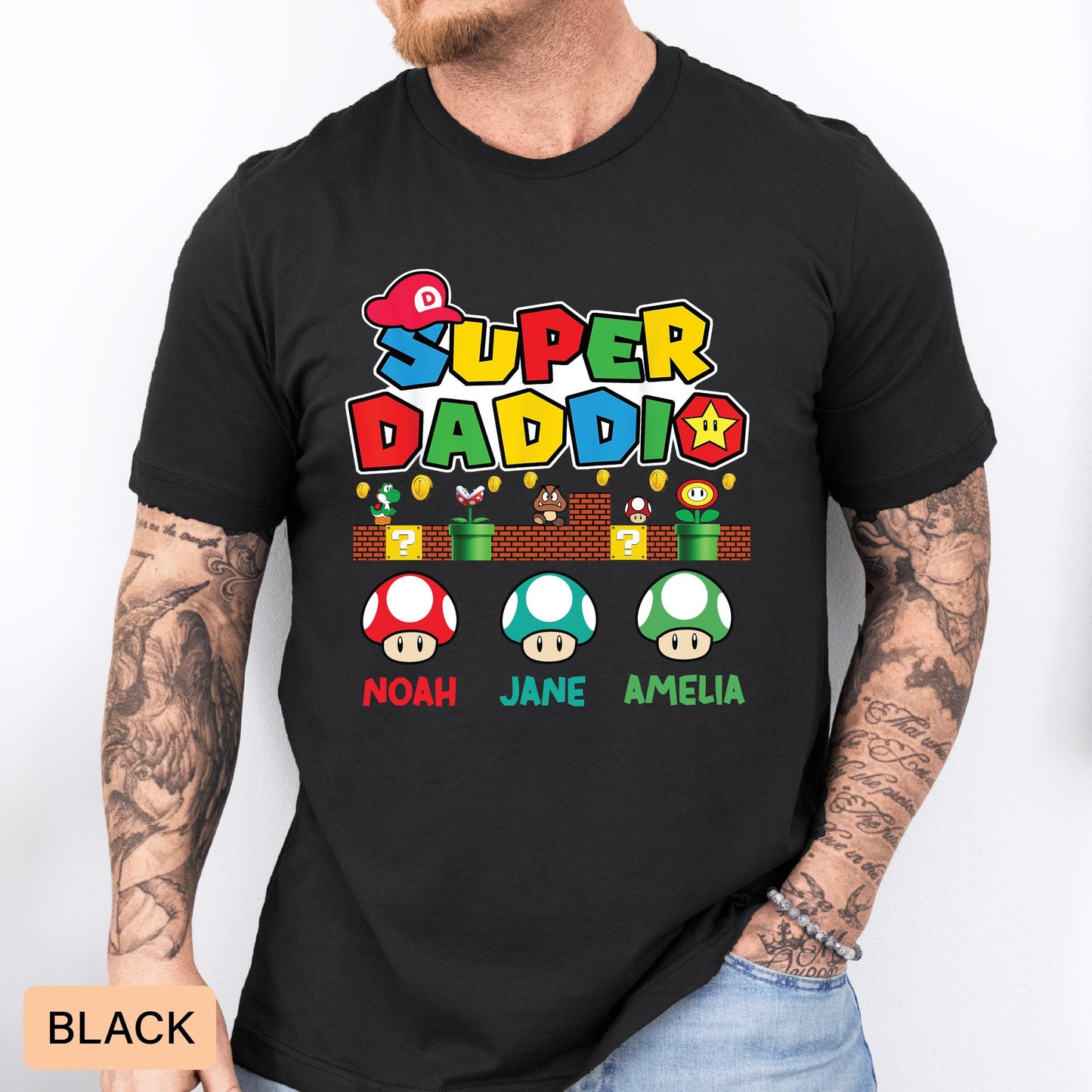 Personalized Super Daddio Shirt with Kids Names Gift For Daddy Matching Family Shirt Gaming Dad Shirt