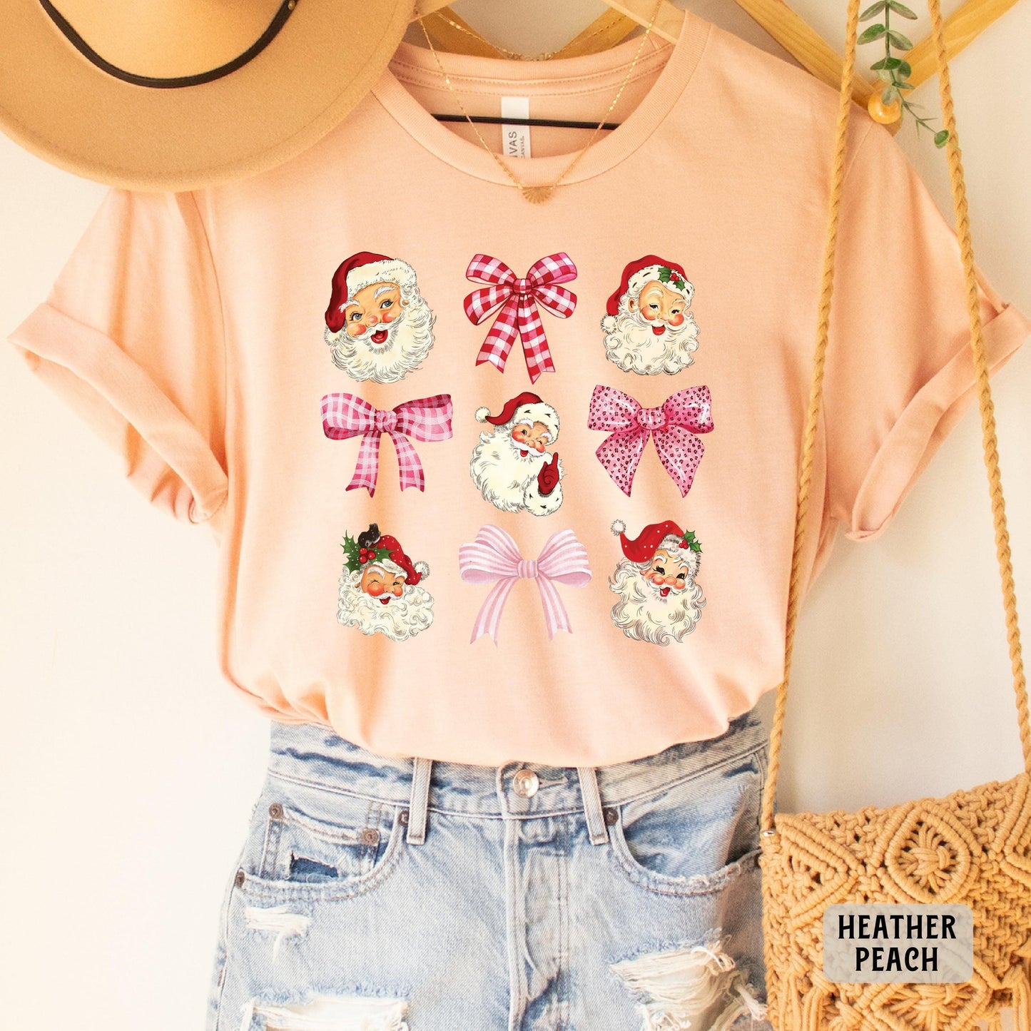 Santa And Bows Xmas Shirt Vintage Santa Shirt Pink Bow Shirt Retro Christmas Shirt Womens Christmas Shirt