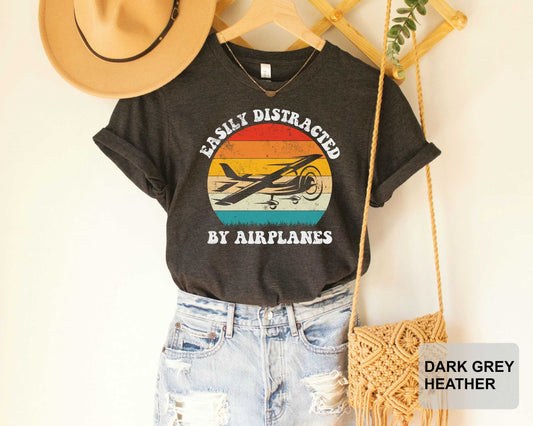 Gift for Airplane Lover Easily Distracted by Airplanes Shirt Retro Vintage Plane Shirt Pilot Birthday Gift