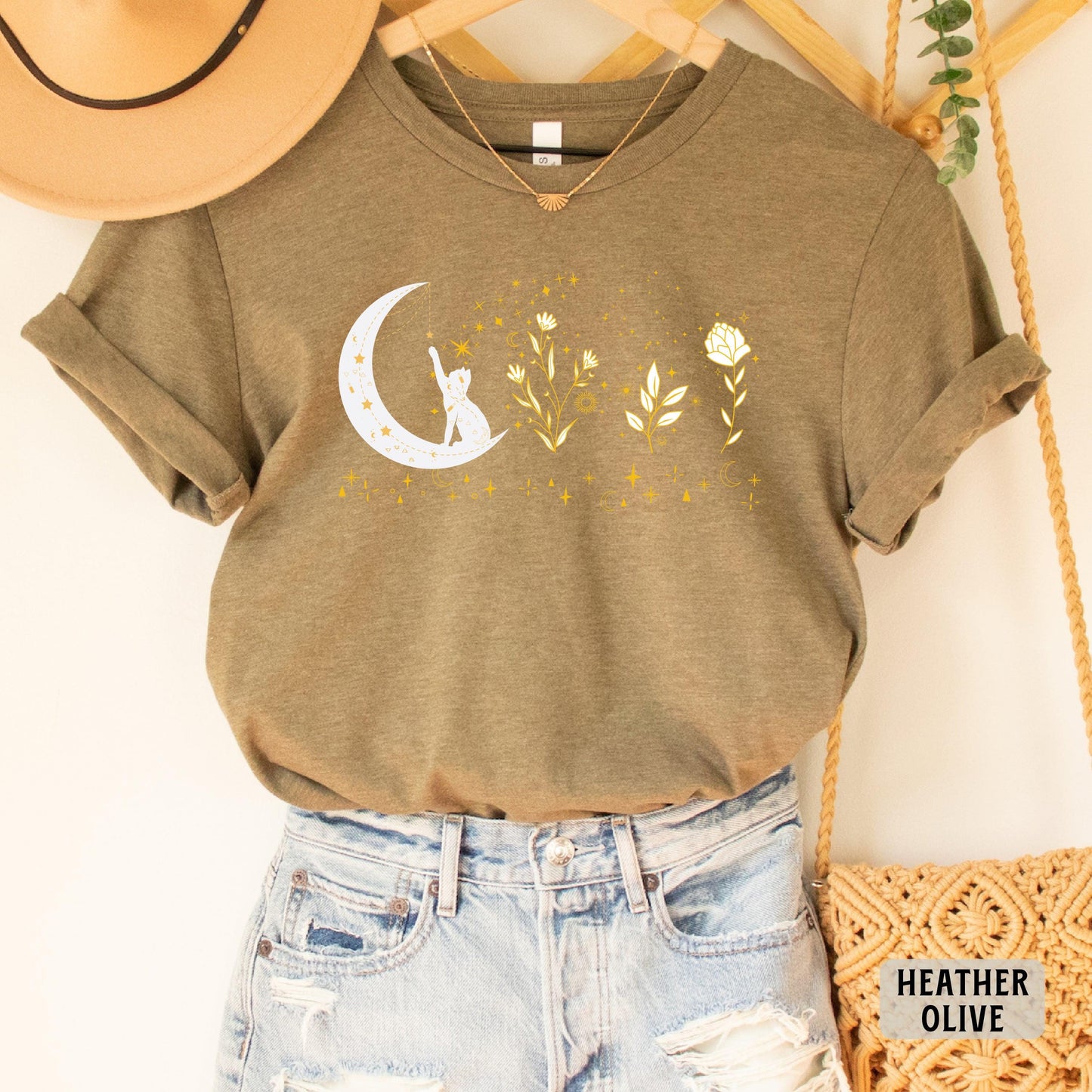 Celestial Cat Shirt Floral Moon Themed Shirt Cat On The Moon Shirt Mystical Shirt Spiritual Moon Shirt