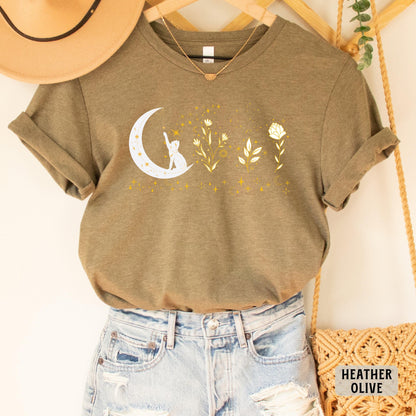 Celestial Cat Shirt Floral Moon Themed Shirt Cat On The Moon Shirt Mystical Shirt Spiritual Moon Shirt