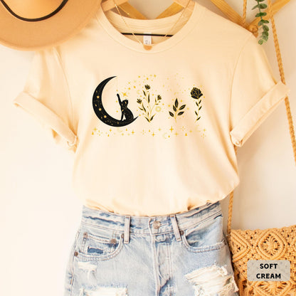 Celestial Cat Shirt Floral Moon Themed Shirt Cat On The Moon Shirt Mystical Shirt Spiritual Moon Shirt