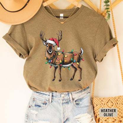 Reindeer Christmas Shirt Merry Xmas Shirt Santa Hat Deer Shirt Christmas Party Gift Vintage Christmas Shirt