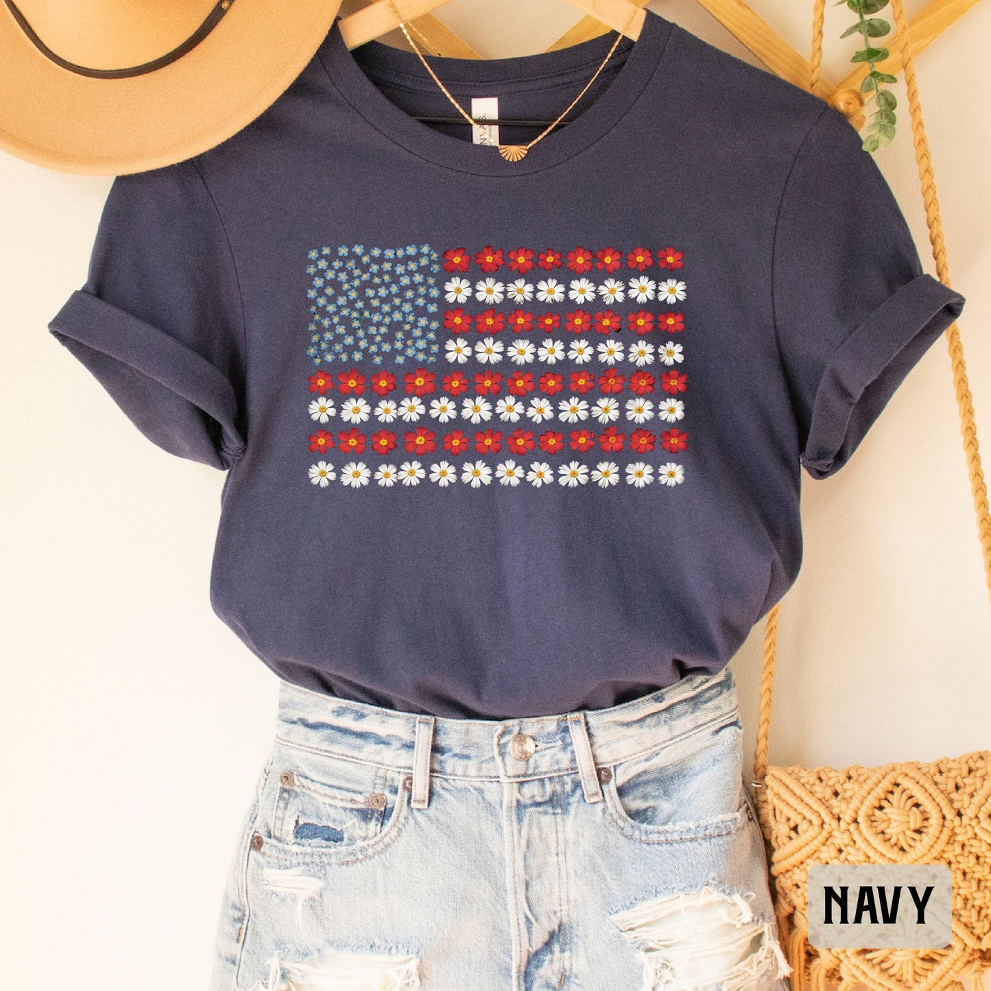 USA Flag Flower Shirt Daisy American Flag Shirt 4th of July Shirt Floral Flag Shirt Independence Day Shirt