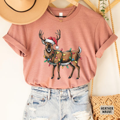 Reindeer Christmas Shirt Merry Xmas Shirt Santa Hat Deer Shirt Christmas Party Gift Vintage Christmas Shirt