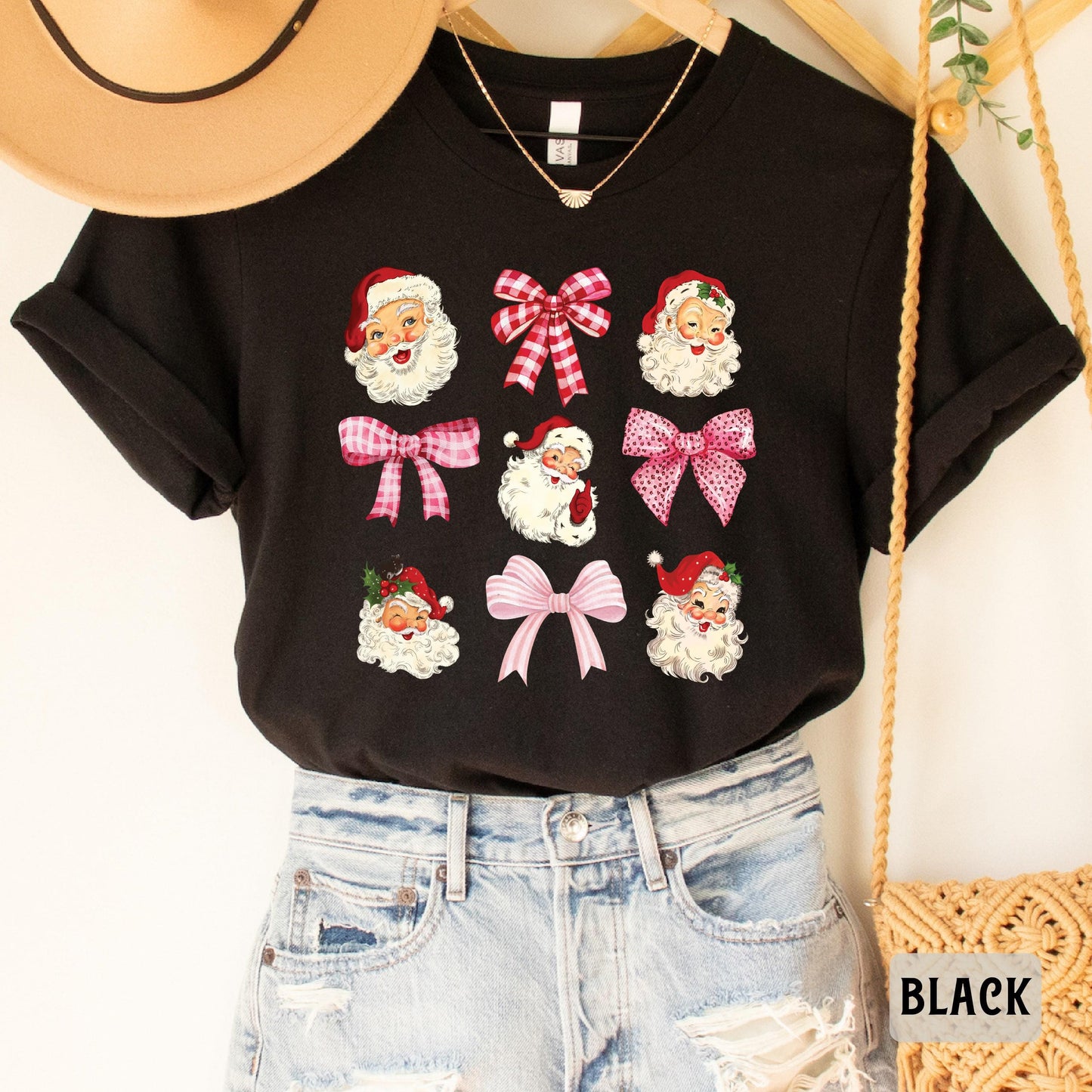 Santa And Bows Xmas Shirt Vintage Santa Shirt Pink Bow Shirt Retro Christmas Shirt Womens Christmas Shirt