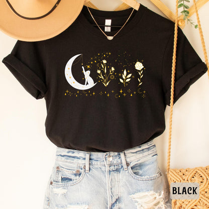 Celestial Cat Shirt Floral Moon Themed Shirt Cat On The Moon Shirt Mystical Shirt Spiritual Moon Shirt