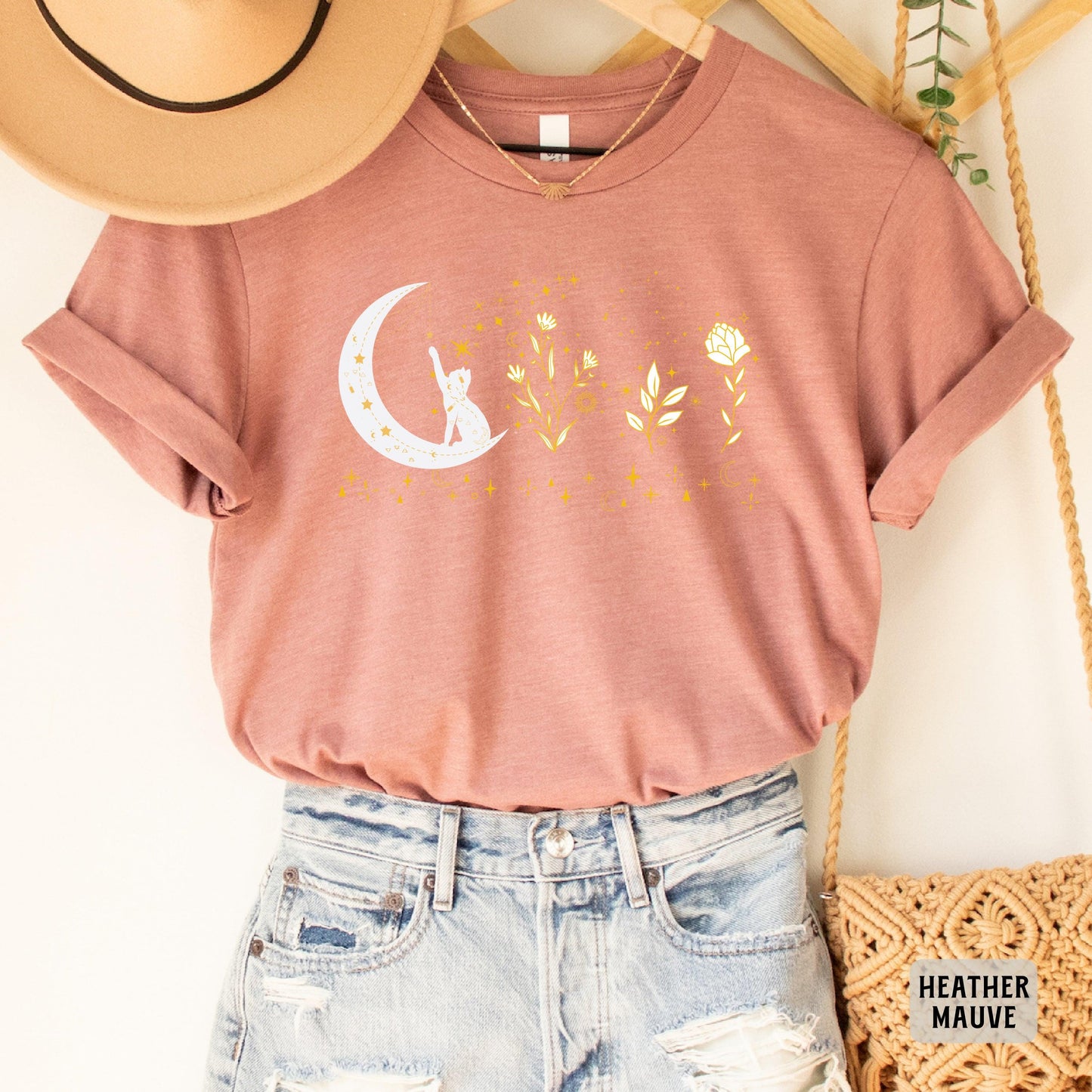 Celestial Cat Shirt Floral Moon Themed Shirt Cat On The Moon Shirt Mystical Shirt Spiritual Moon Shirt