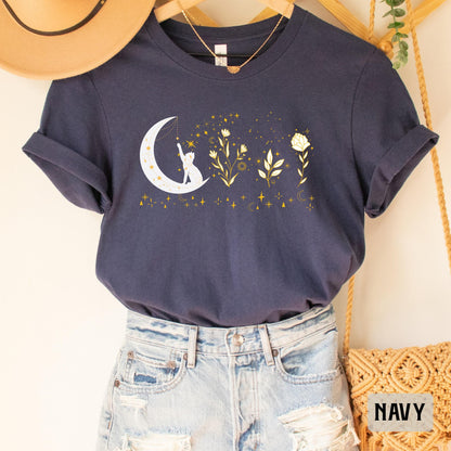 Celestial Cat Shirt Floral Moon Themed Shirt Cat On The Moon Shirt Mystical Shirt Spiritual Moon Shirt