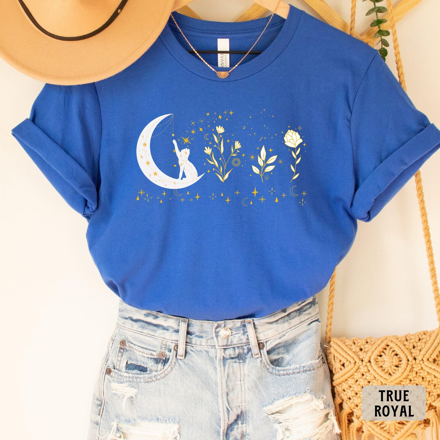 Celestial Cat Shirt Floral Moon Themed Shirt Cat On The Moon Shirt Mystical Shirt Spiritual Moon Shirt