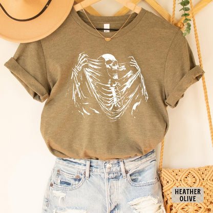 Skeleton Ripping Shirt Rib Cage Shirt Halloween Shirt Spooky Skeleton Shirt Y2k Skull Shirt