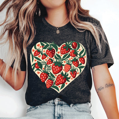 Strawberry Heart Shirt Summer Fruits Shirt Botanical Shirt Women Valentine Day Shirt Strawberry Lover Shirt