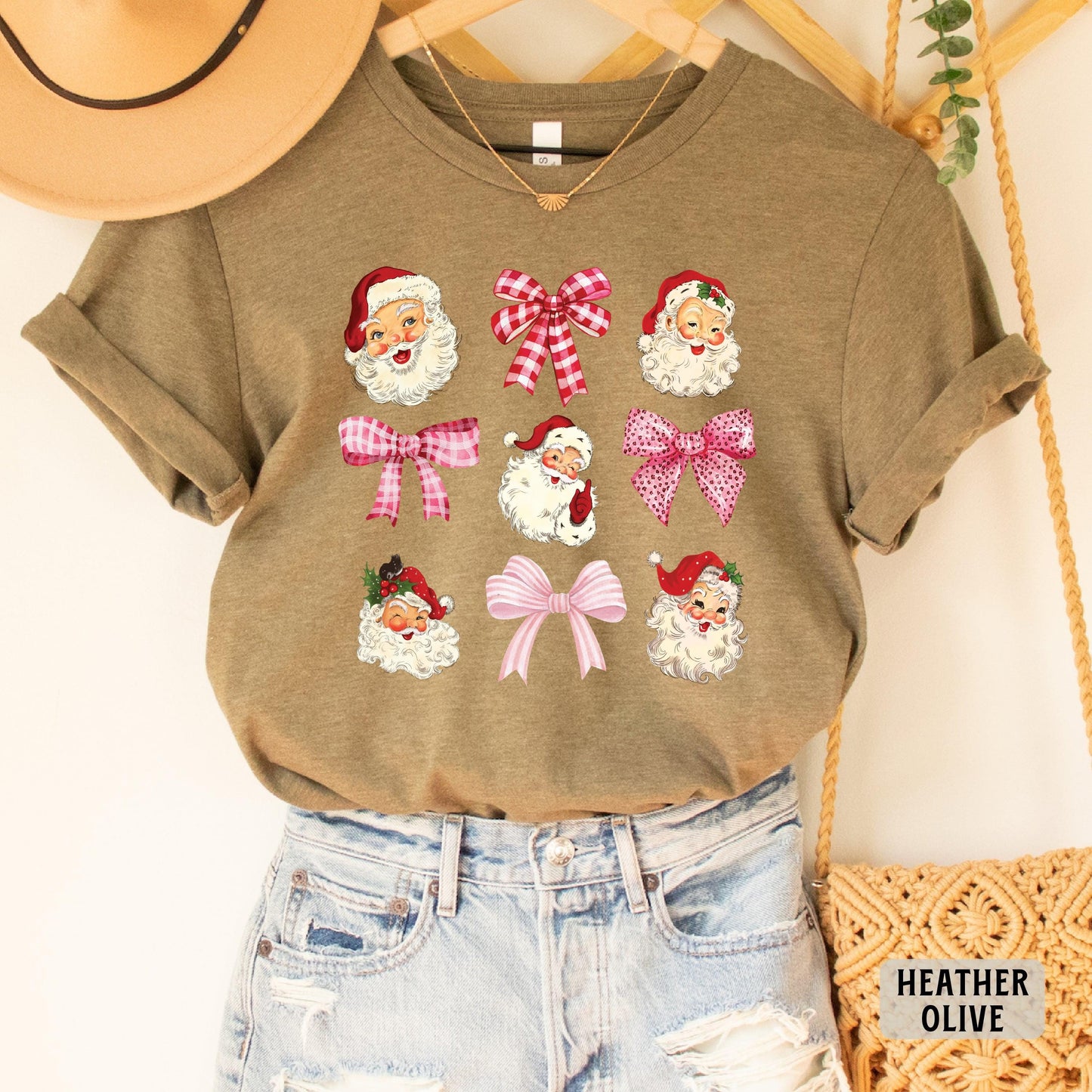Santa And Bows Xmas Shirt Vintage Santa Shirt Pink Bow Shirt Retro Christmas Shirt Womens Christmas Shirt