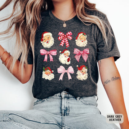 Santa And Bows Xmas Shirt Vintage Santa Shirt Pink Bow Shirt Retro Christmas Shirt Womens Christmas Shirt