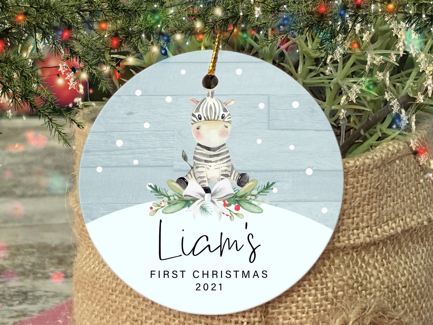 Personalized Baby's First Christmas Ornament, Watercolor Elephant, Custom Name