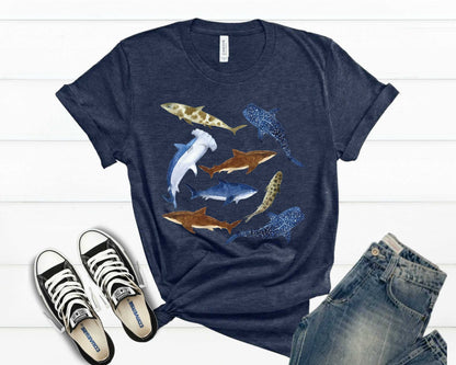Shark Lover Shirt, Watercolor Sharks, Ocean Beach Party Gift