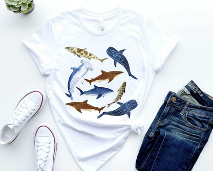 Shark Lover Shirt, Watercolor Sharks, Ocean Beach Party Gift