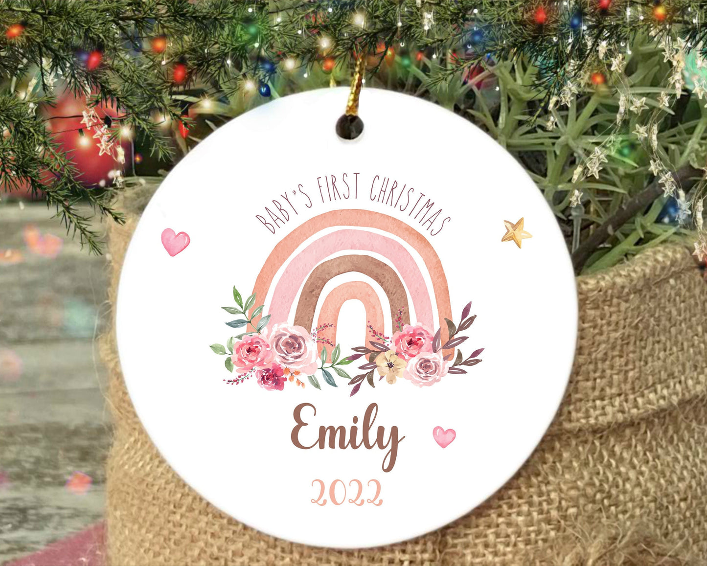 Personalized Baby Girl First Christmas Ornament, Rainbow Ornament