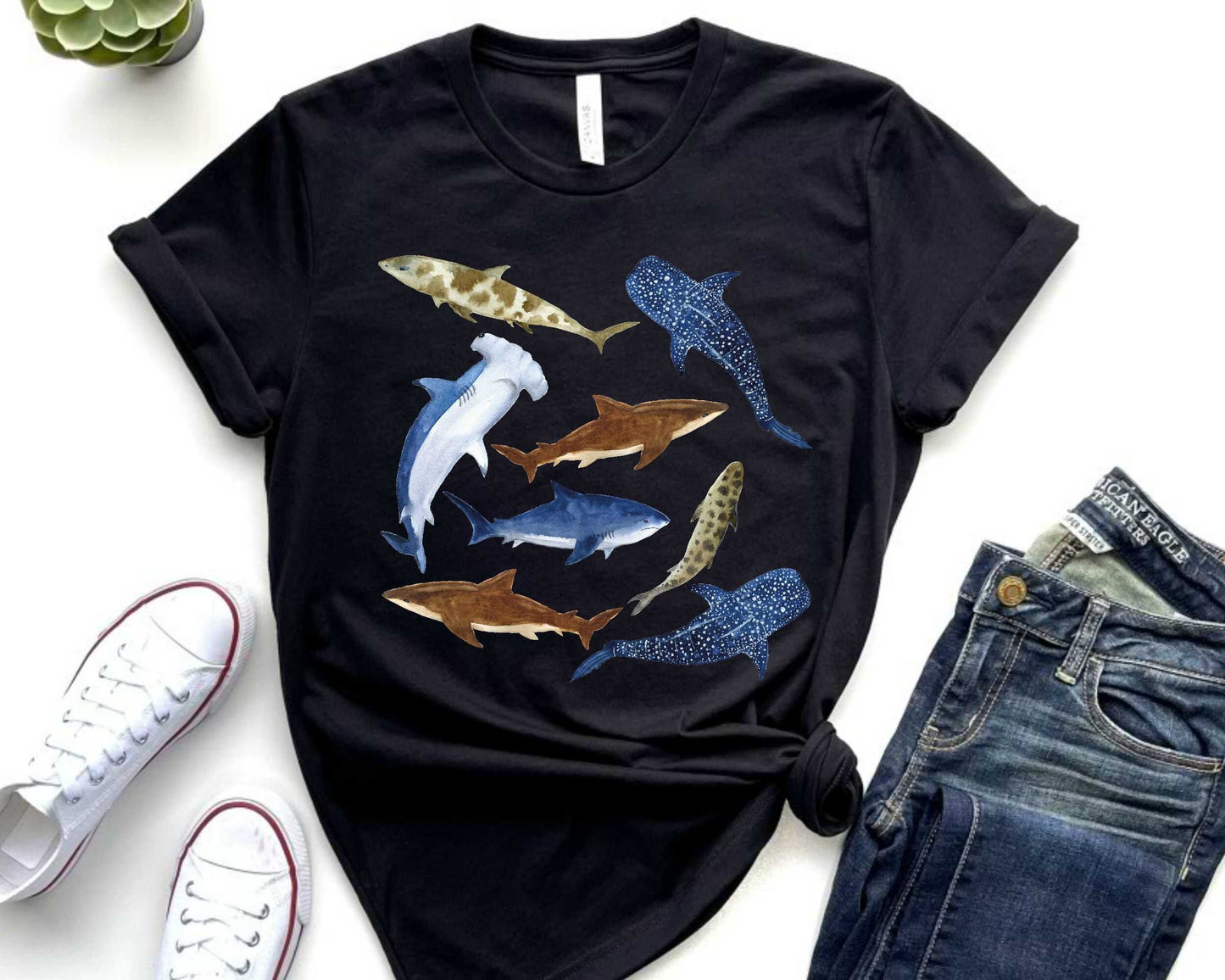 Shark Lover Shirt, Watercolor Sharks, Ocean Beach Party Gift